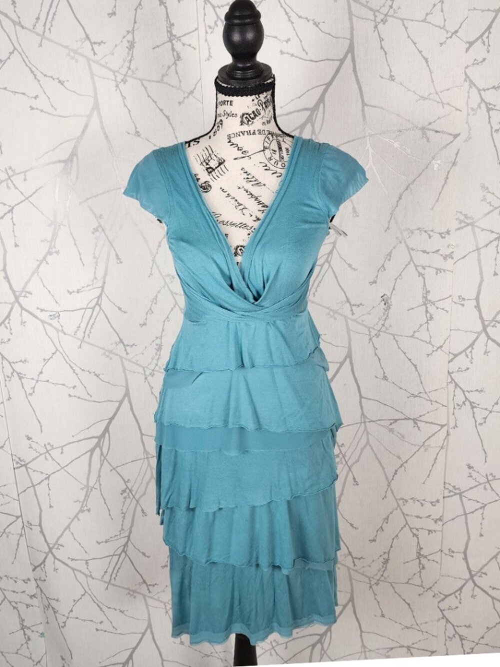 Colleen Eitzen Blue Stretch Jersey Surplice Layered Midi Dress